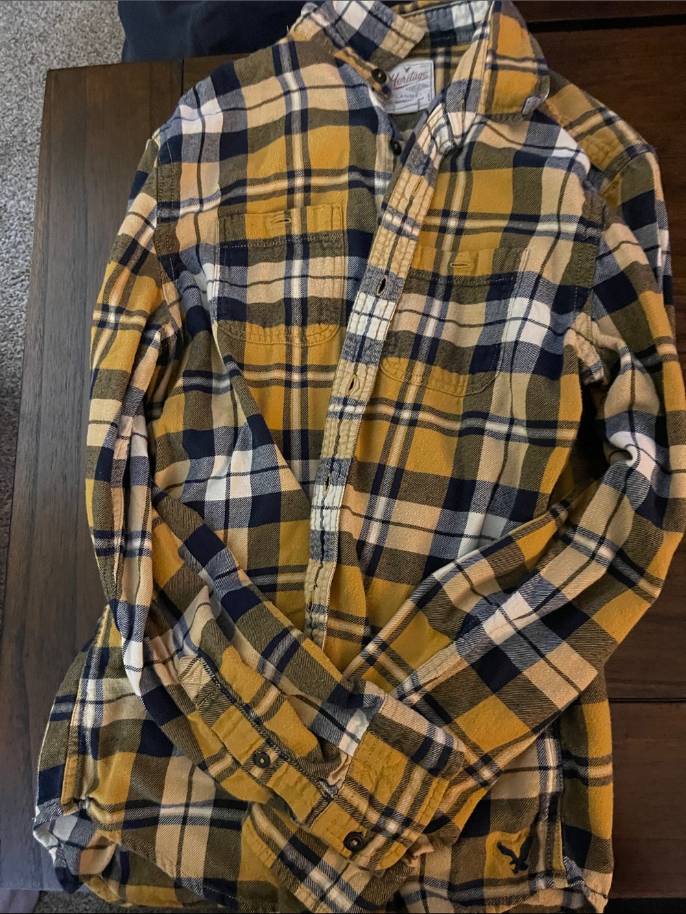 American Eagle Outfitters Yellow and Navy Plaid Flannel
